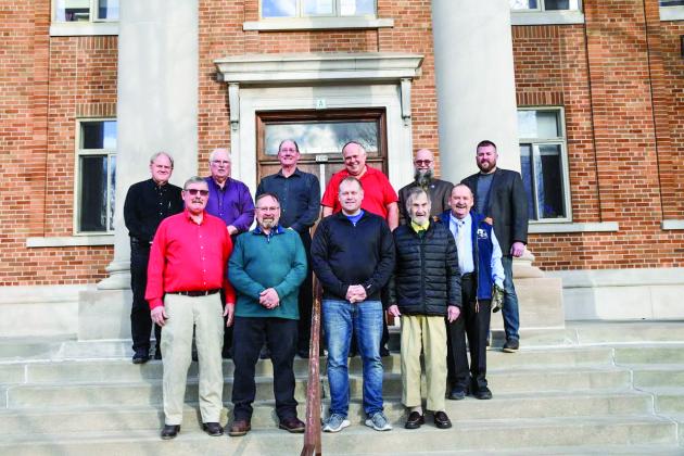 The Waushara County Board of Supervisors had three members retiring from the board at the March 19th meeting.  A photo was taken on the steps of the Waushara County Courthouse, Wautoma, prior to the meeting including: (back row) Mark Piechowski, Mark Kerschner, Bart Peterson, Pat King, David Bosshard, Jesse Urban; (front row) Bob Wedell, John Jarvis, Brandon Bonfiglio, Mike Kapp, and Everett Eckstein.  Bonfiglio, Kapp, and Eckstein, chose not to seek re-election.